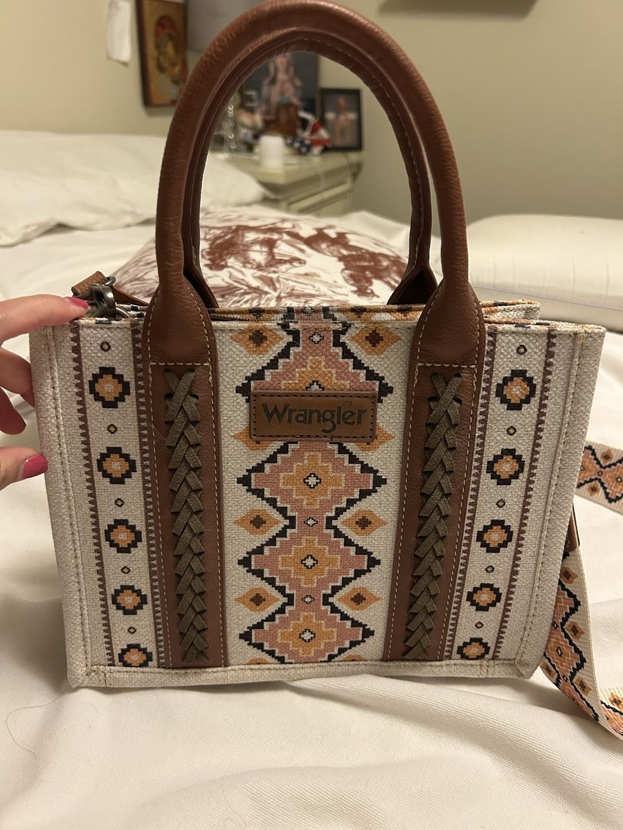 Wrangler Western Aztec Pattern Mini Tote Bag - Tan, Orange, Brown with Shoulder Strap
