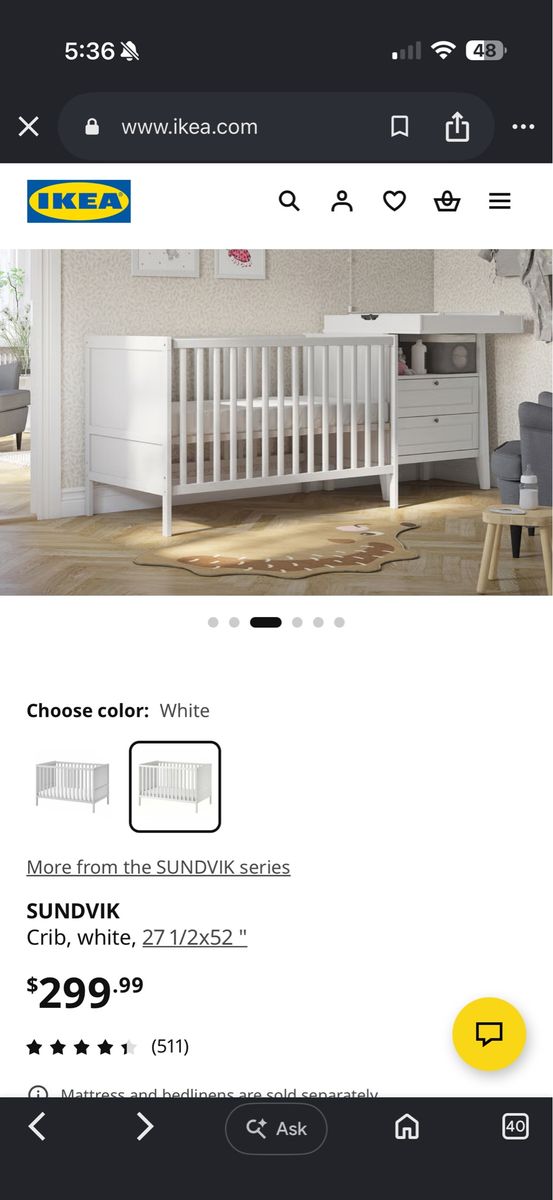 IKEA SUNDVIK White Crib - 27 1/2 x 52" (Adjustable Bed Base, Max Load 50 lbs)