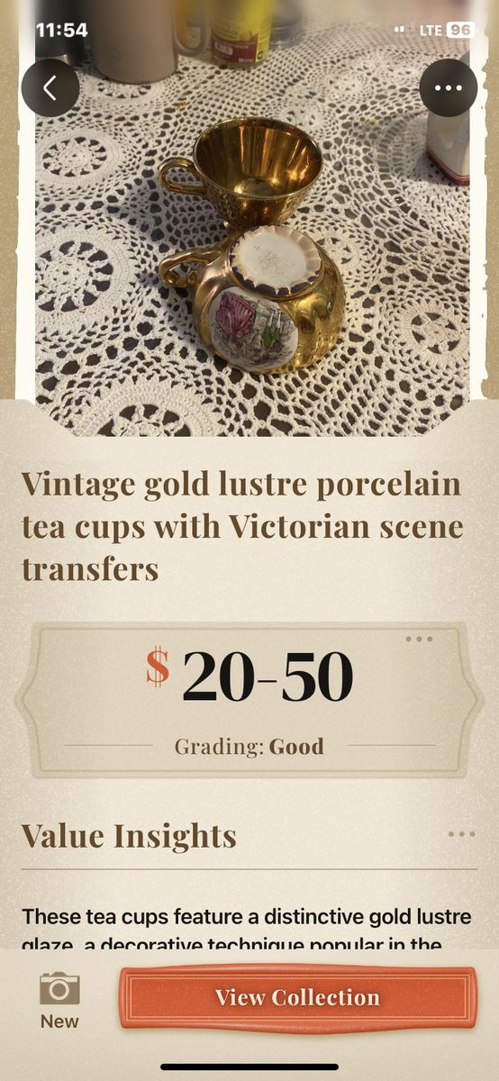 2). Vintage Gold Luster Porcelain Teacups with Victorian Scene Transfers