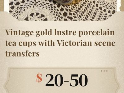 2). Vintage Gold Luster Porcelain Teacups with Victorian Scene Transfers