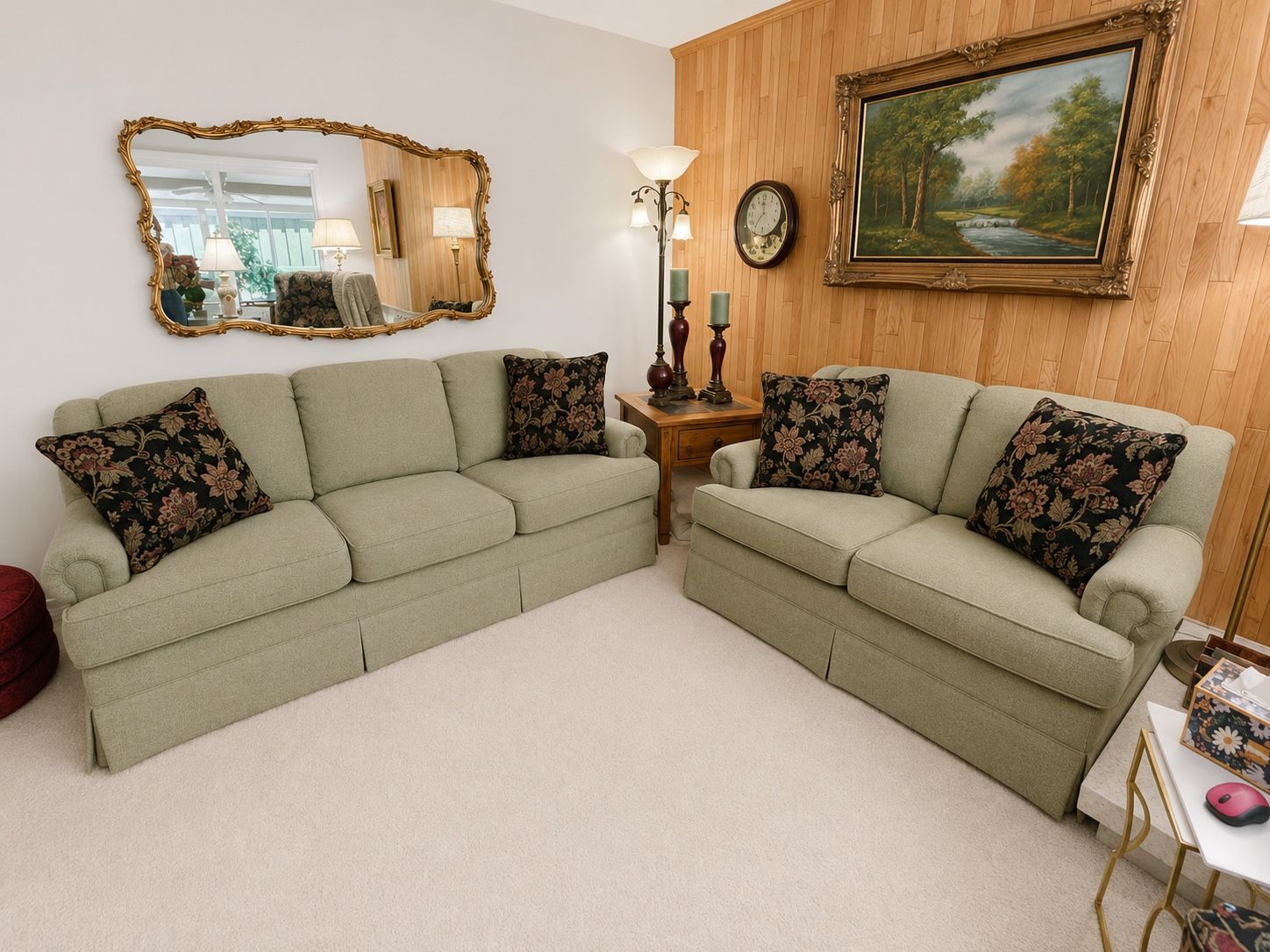 Light Green Fabric Sofa & Loveseat Set - Skirted Traditional Style with Floral Pillows