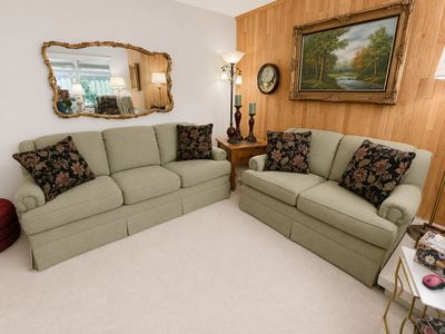 Light Green Fabric Sofa & Loveseat Set - Skirted Traditional Style with Floral Pillows
