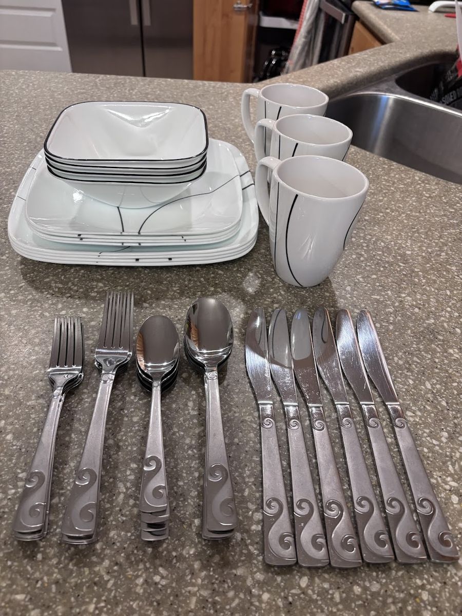 Correlle Dinnerware Set + Silverware Kitchen Starter Set