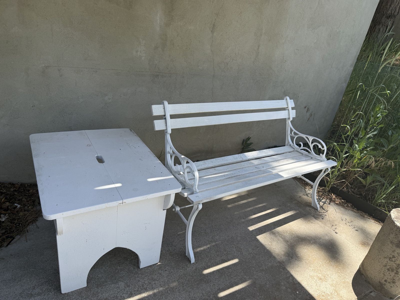 White Metal Garden Bench, Lounge Chair, Side Table, and Cushion Set