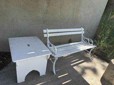 White Metal Garden Bench, Lounge Chair, Side Table, and Cushion Set