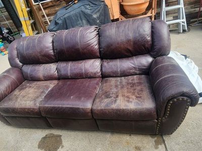 Brown Leather Reclining Sofa with Nailhead Trim