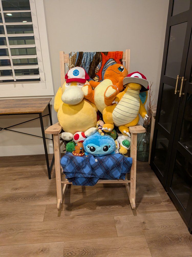 rocking chair with stuffed animals