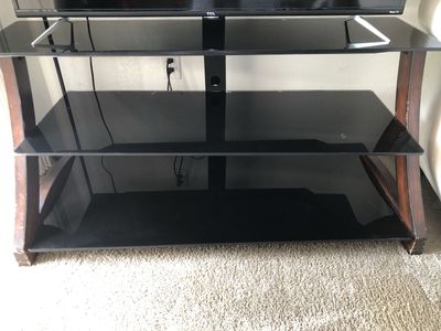 3-Tier Tempered Glass TV Stand with Dark Wood Frame