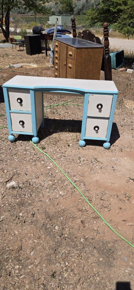 Vintage Light Blue & White Wood Desk with 4 Drawers and Decorative Feet