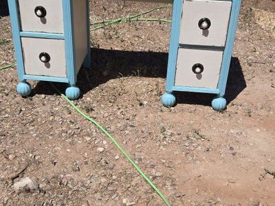 Vintage Light Blue & White Wood Desk with 4 Drawers and Decorative Feet