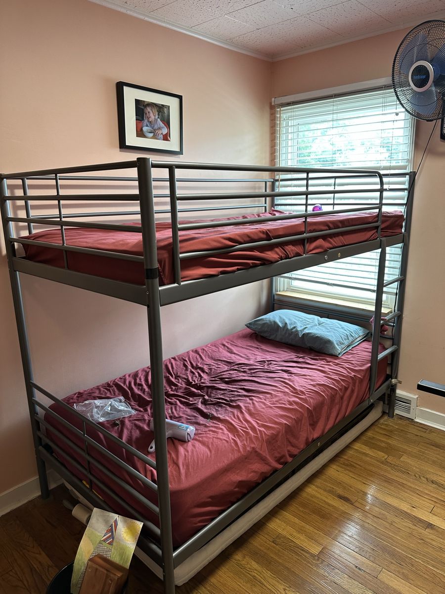 FREE Gray Metal Twin Over Twin Bunk Bed with Safety Rails and Ladder