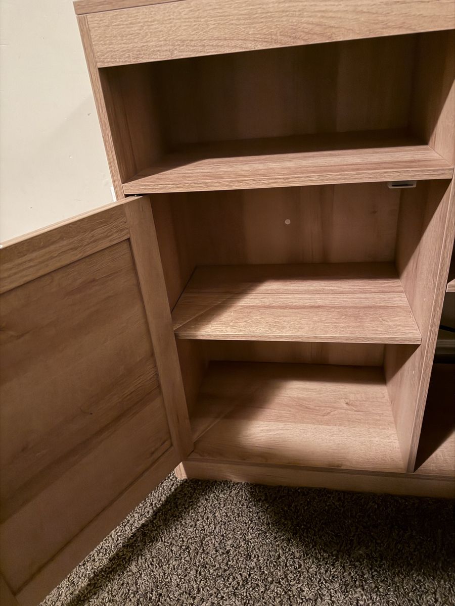 New L-Shaped Desk with Storage Shelves - Light Wood Finish
