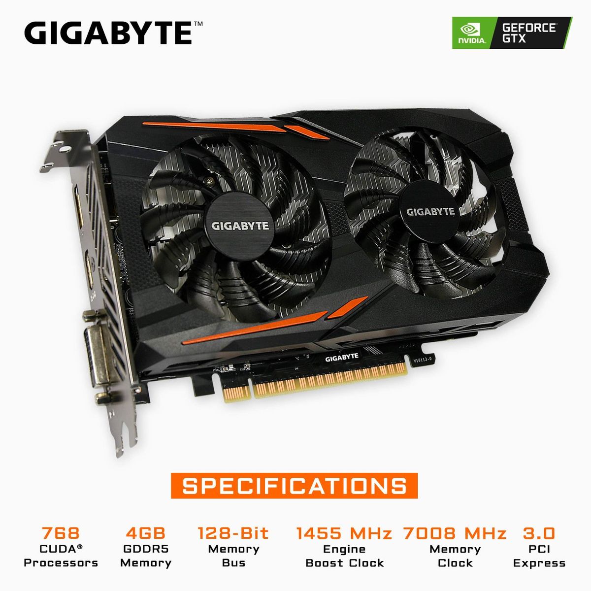 Gigabyte GeForce GTX 1050ti, 1050 ti, 4GB GDDR5, 128-Bit, 1455 MHz, 7008 MHz, PCI Express 3.0