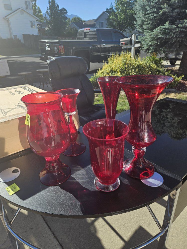 Red Glass Vases - Set of 5, Various Sizes