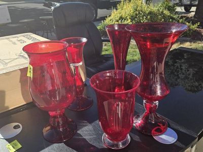 Red Glass Vases - Set of 5, Various Sizes
