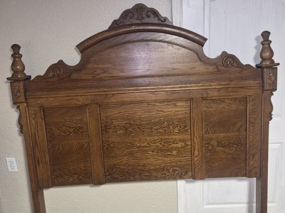 Vintage Oak Wood Carved Headboard Queen Size Bed Frame