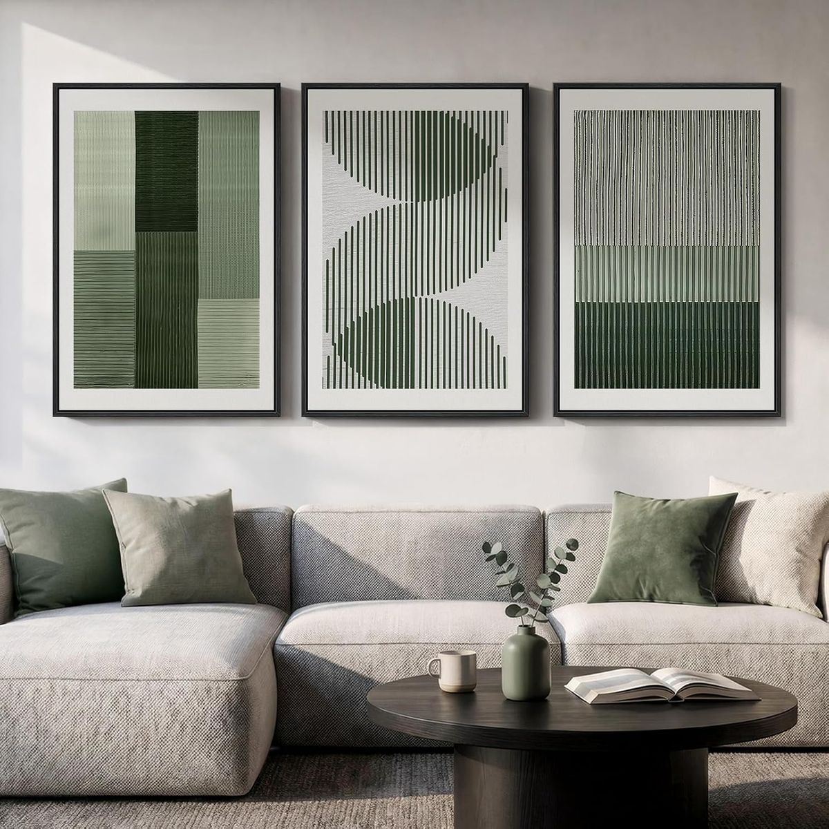 NEW Large Framed Green Abstract Wall Art, 3 Piece Modern, Minimalist, Geometric