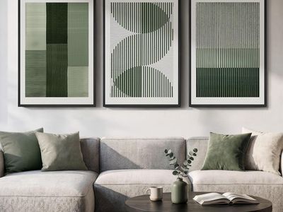 NEW Large Framed Green Abstract Wall Art, 3 Piece Modern, Minimalist, Geometric