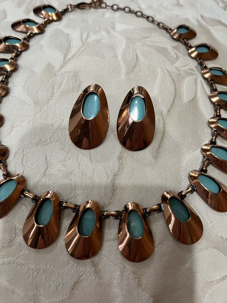 Copper with Baked Enamel or Porcelain Turquoise Disks, Choker and Earrings-1950's Vintage