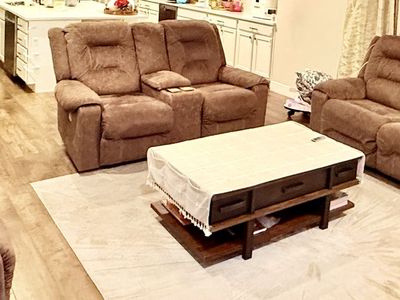 Power Recliner Set: Sofa, Loveseat, Chair & Coffee Table - Brown, Gently Used