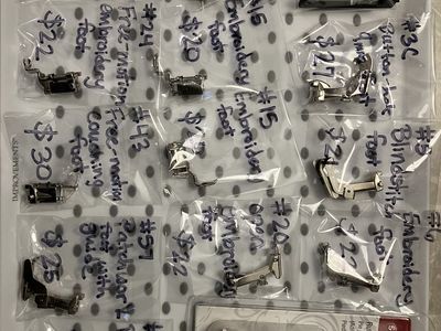 Assorted Bernina and Singer sewing machine presser feet. Price as marked, starting at $20.