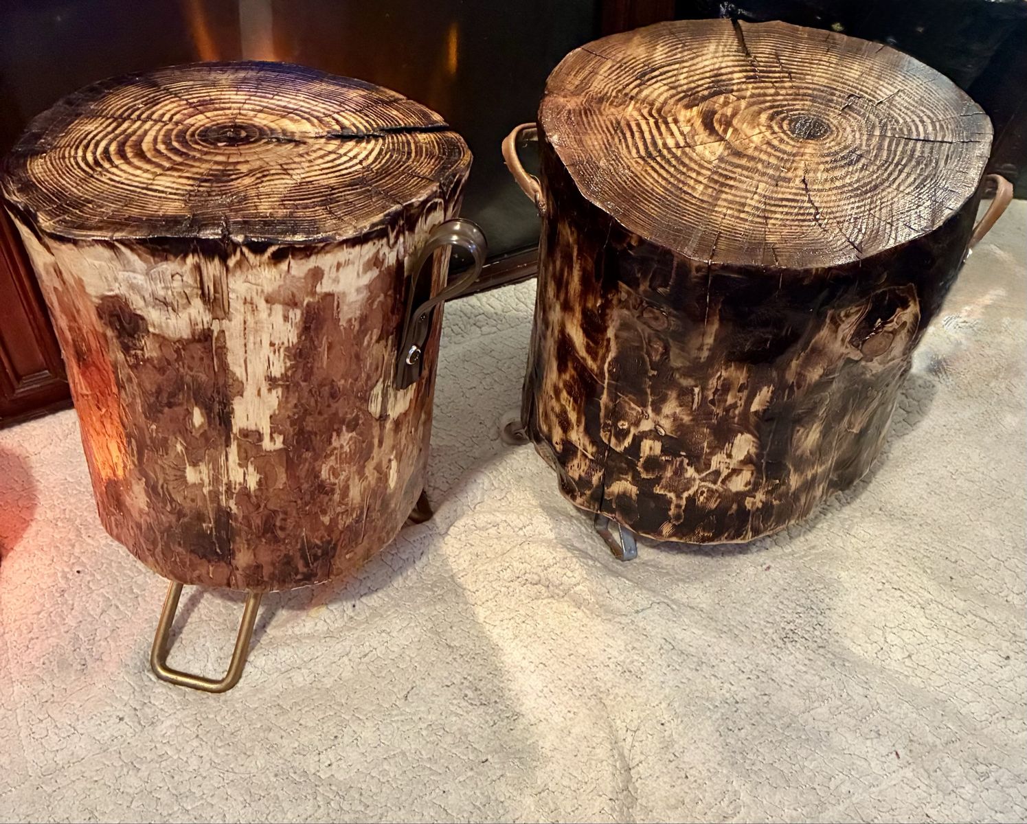 Unique Wood Stump Tables / Stools - Rustic Charm with Metal Handles & Legs
