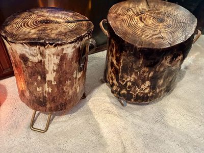 Unique Wood Stump Tables / Stools - Rustic Charm with Metal Handles & Legs