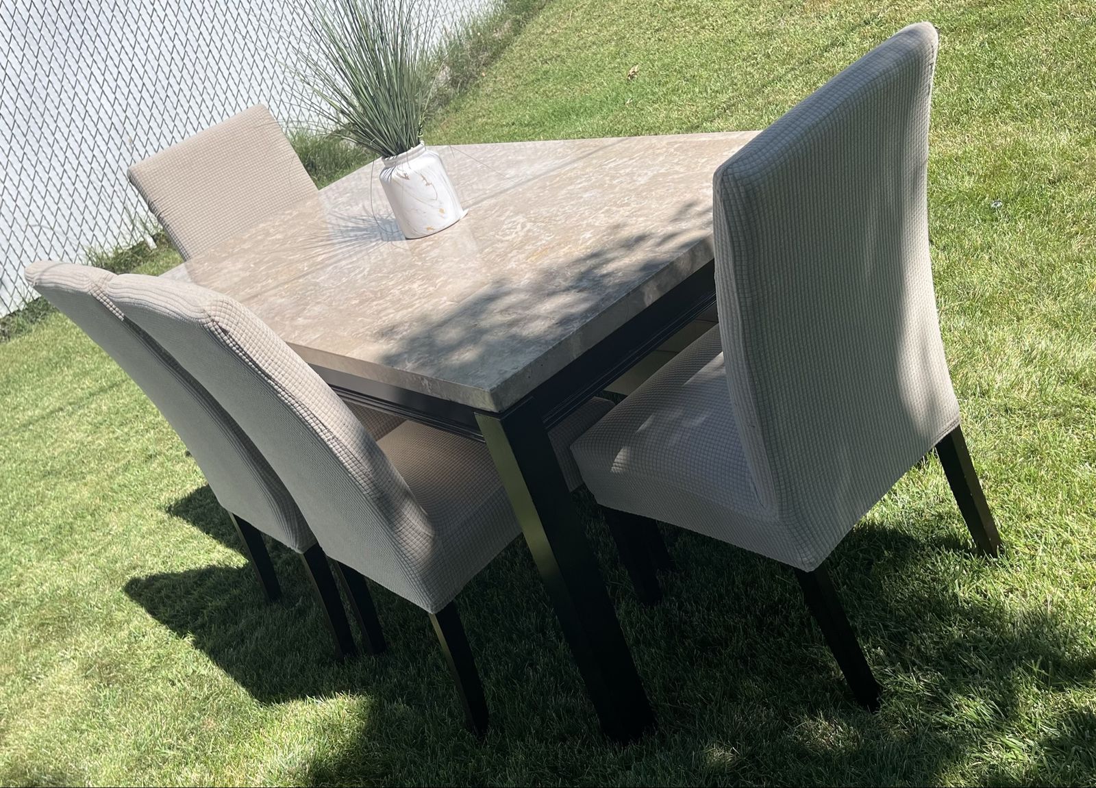 Stone Top Dining Table Set with Matching Chairs and Upholstered Bench