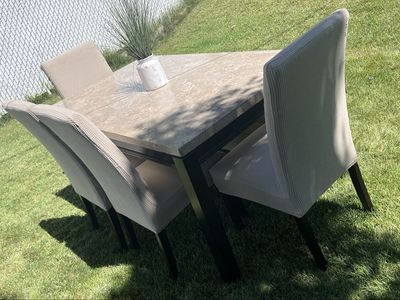 Stone Top Dining Table Set with Matching Chairs and Upholstered Bench