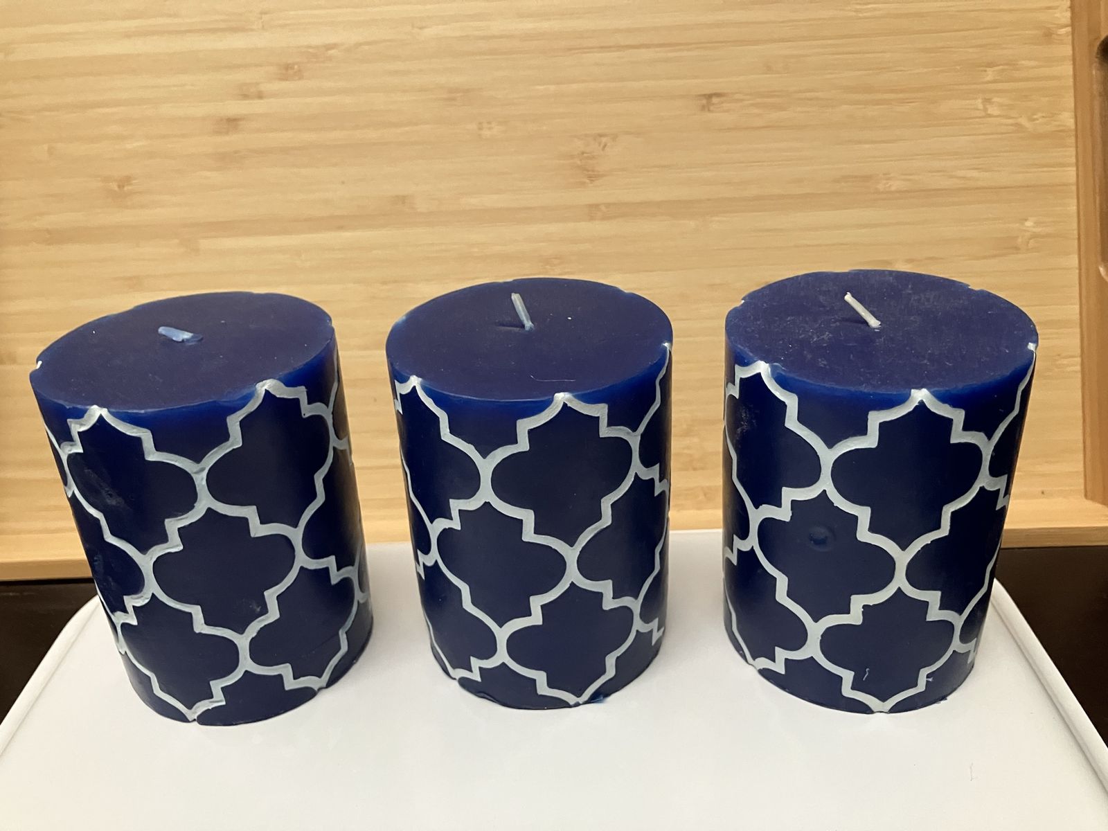 3 blue and white pillar candles set