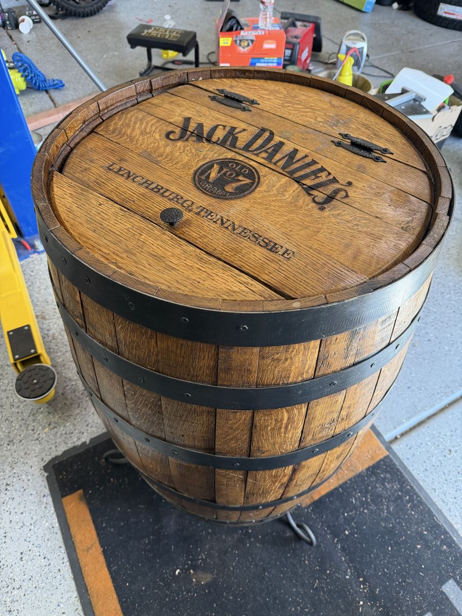 Jack Daniel's Lynchburg Tennessee Branded Whiskey Barrel with Stand - Used