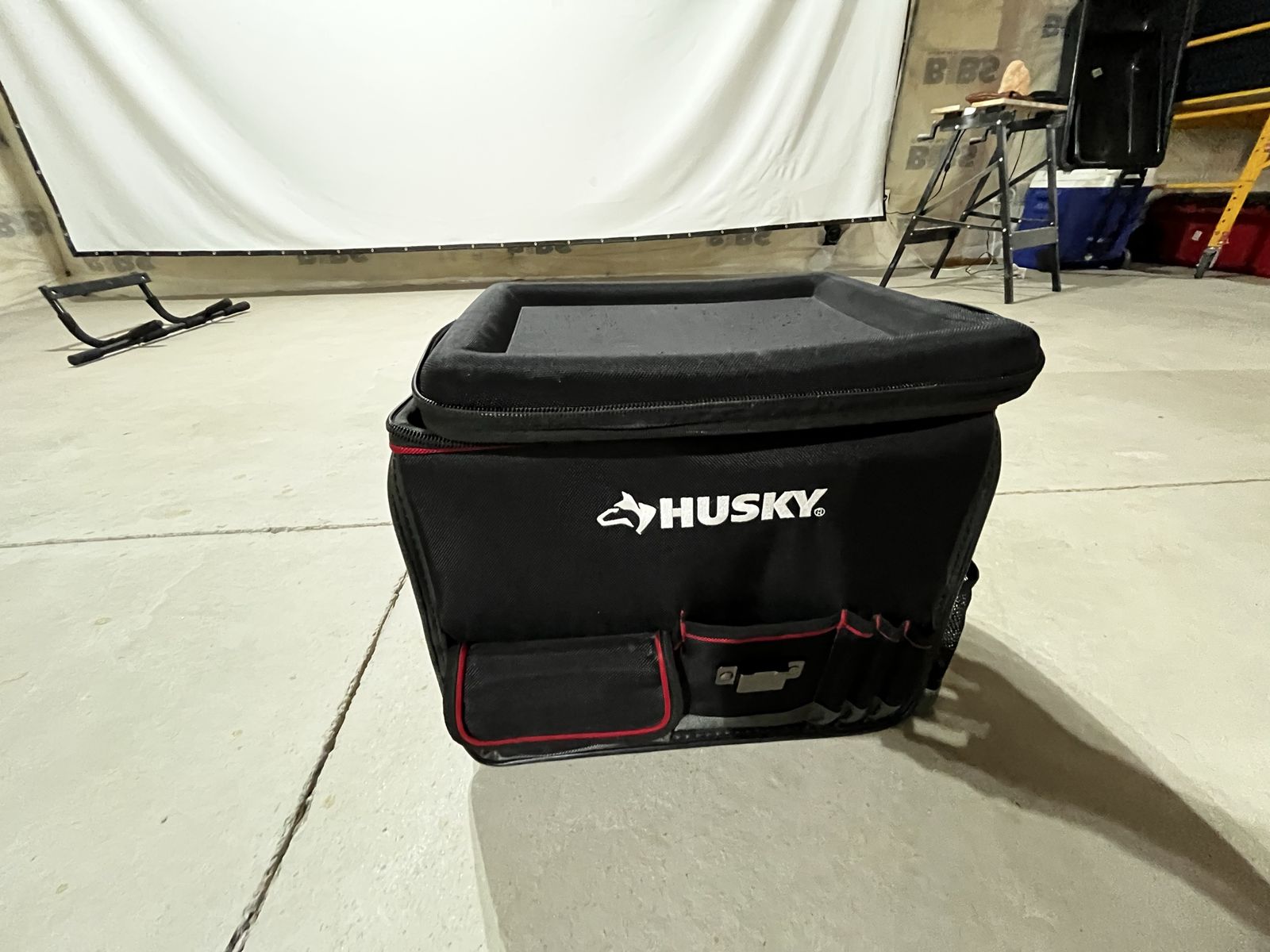 Husky Large Mouth 16-inch Open Tool Bag with Tool Wall, Black/Red, Multiple Pockets