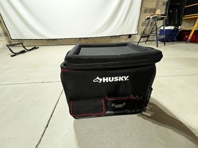 Husky Large Mouth 16-inch Open Tool Bag with Tool Wall, Black/Red, Multiple Pockets