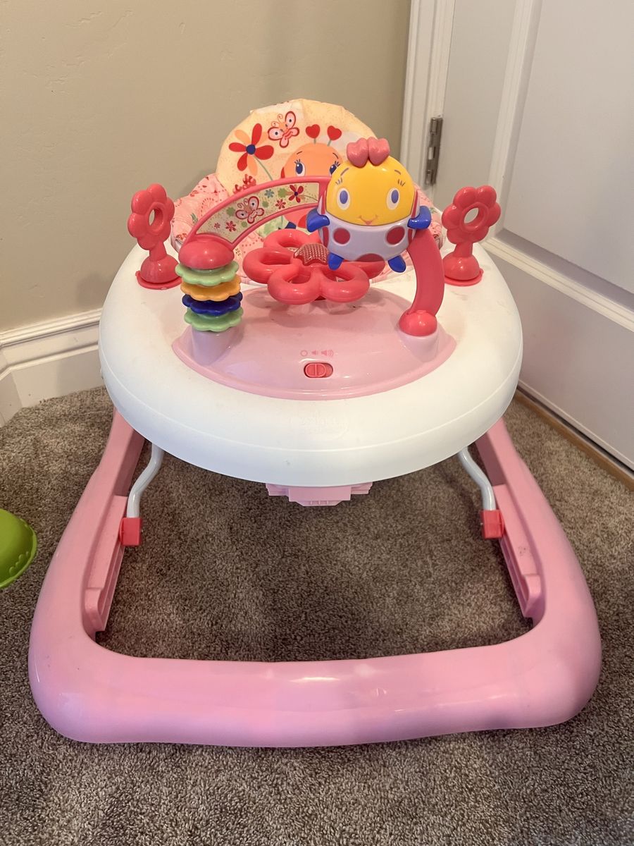 Pink Baby Walker with Interactive Toys and Ladybug Pattern Seat