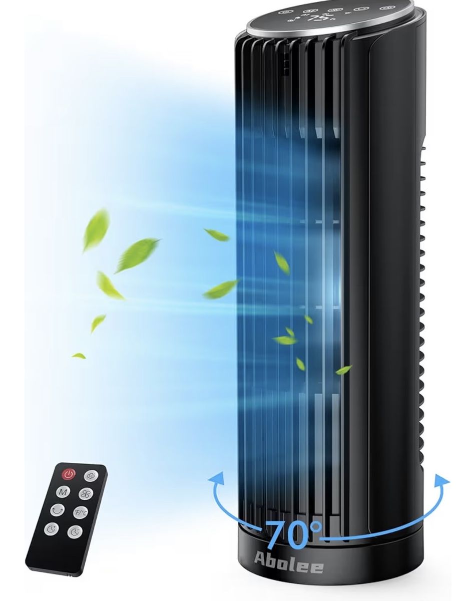 Abolee 13" Bladeless Tower Fan with Remote - 70° Oscillation, 4 Speeds, 4 Modes, 12H Timer, LED Display