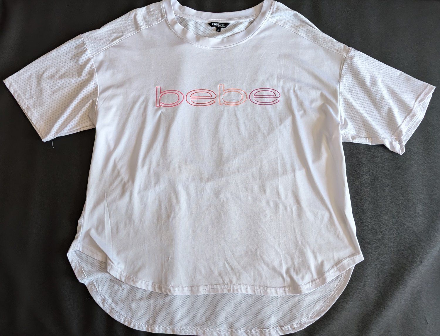 bebe White and Pink Mesh Crew Neck