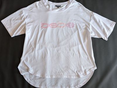 bebe White and Pink Mesh Crew Neck