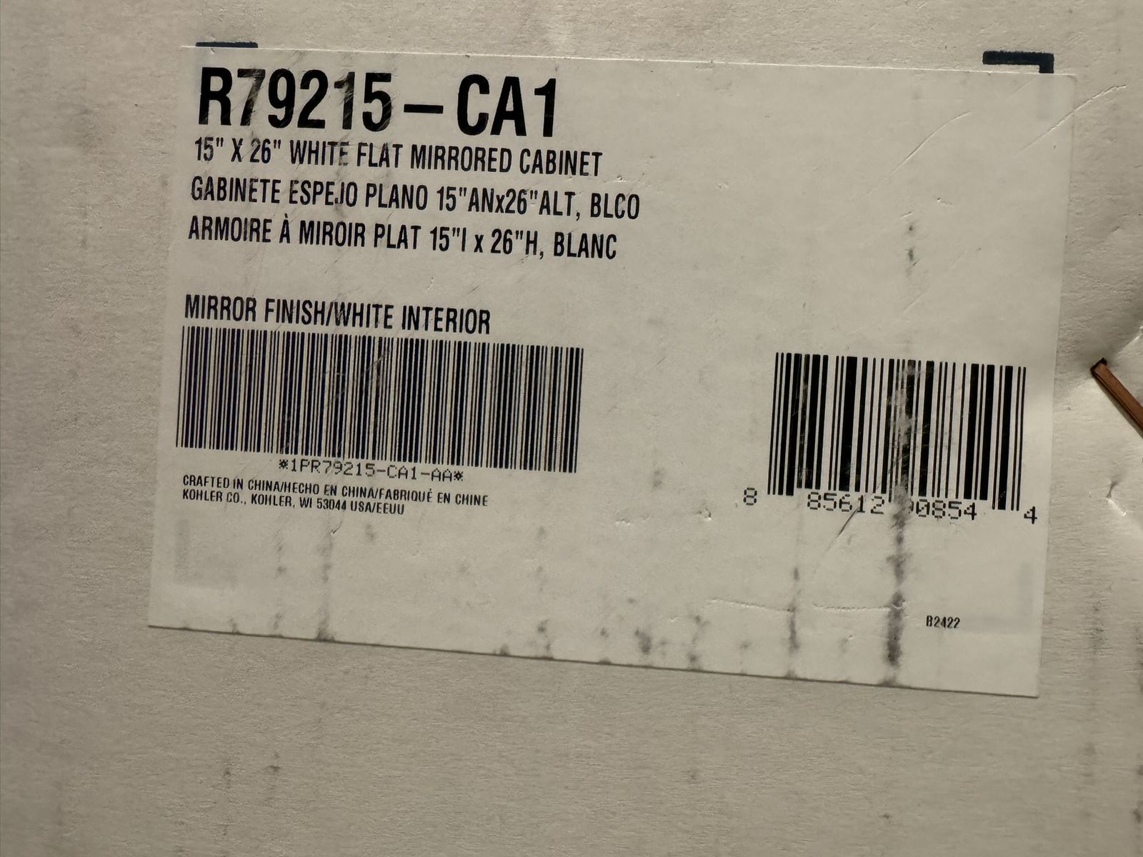 Kohler White Flat Mirrored Cabinet (new)
