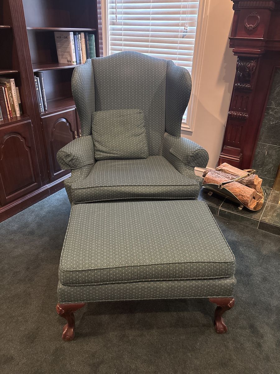 Two Classic Wingback Armchair & Ottoman Set - Green Patterned Upholstery, Traditional Wood Legs