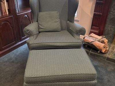 Two Classic Wingback Armchair & Ottoman Set - Green Patterned Upholstery, Traditional Wood Legs
