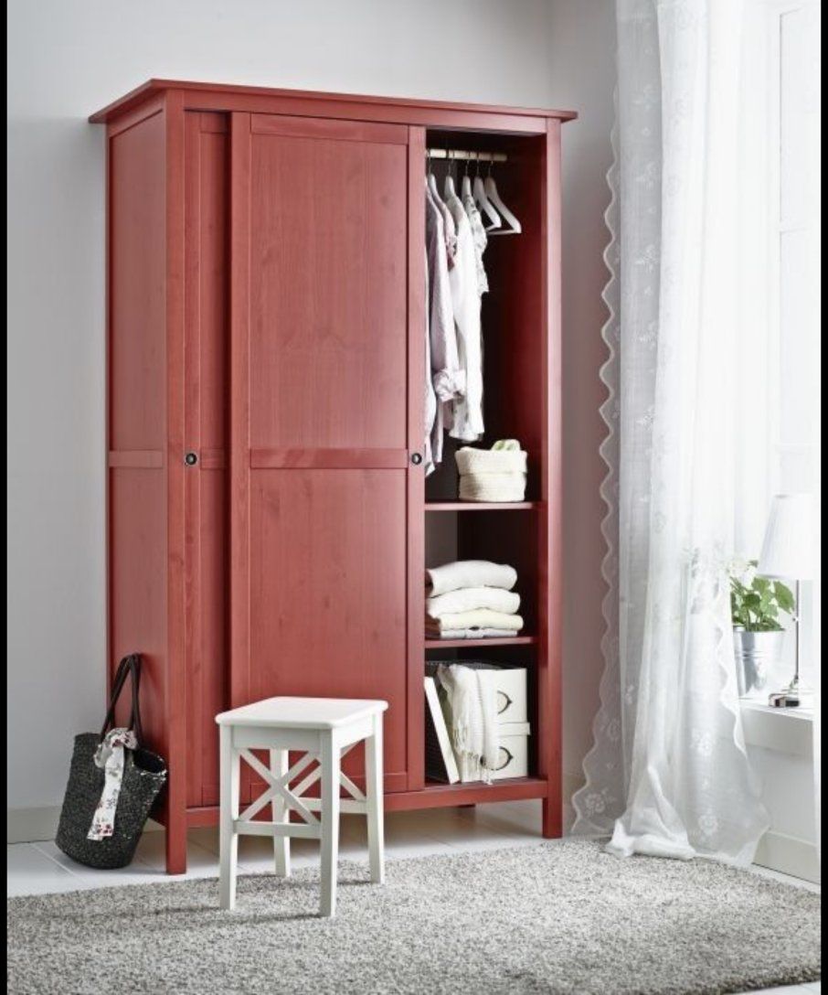 Ikea Hemnes Red Wooden Wardrobe Closet with Sliding Doors
