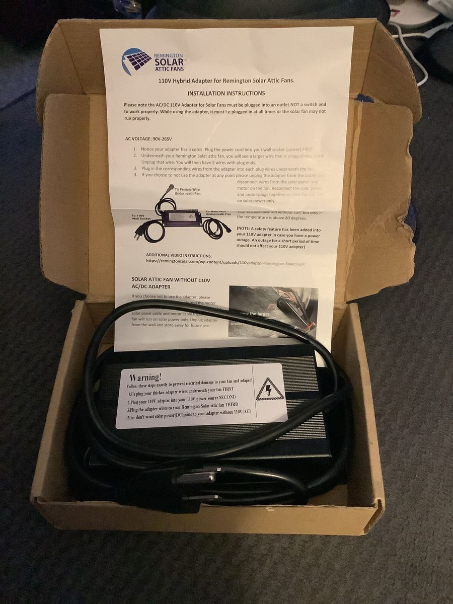 New Remington Solar Attic Fans 110V Adapter