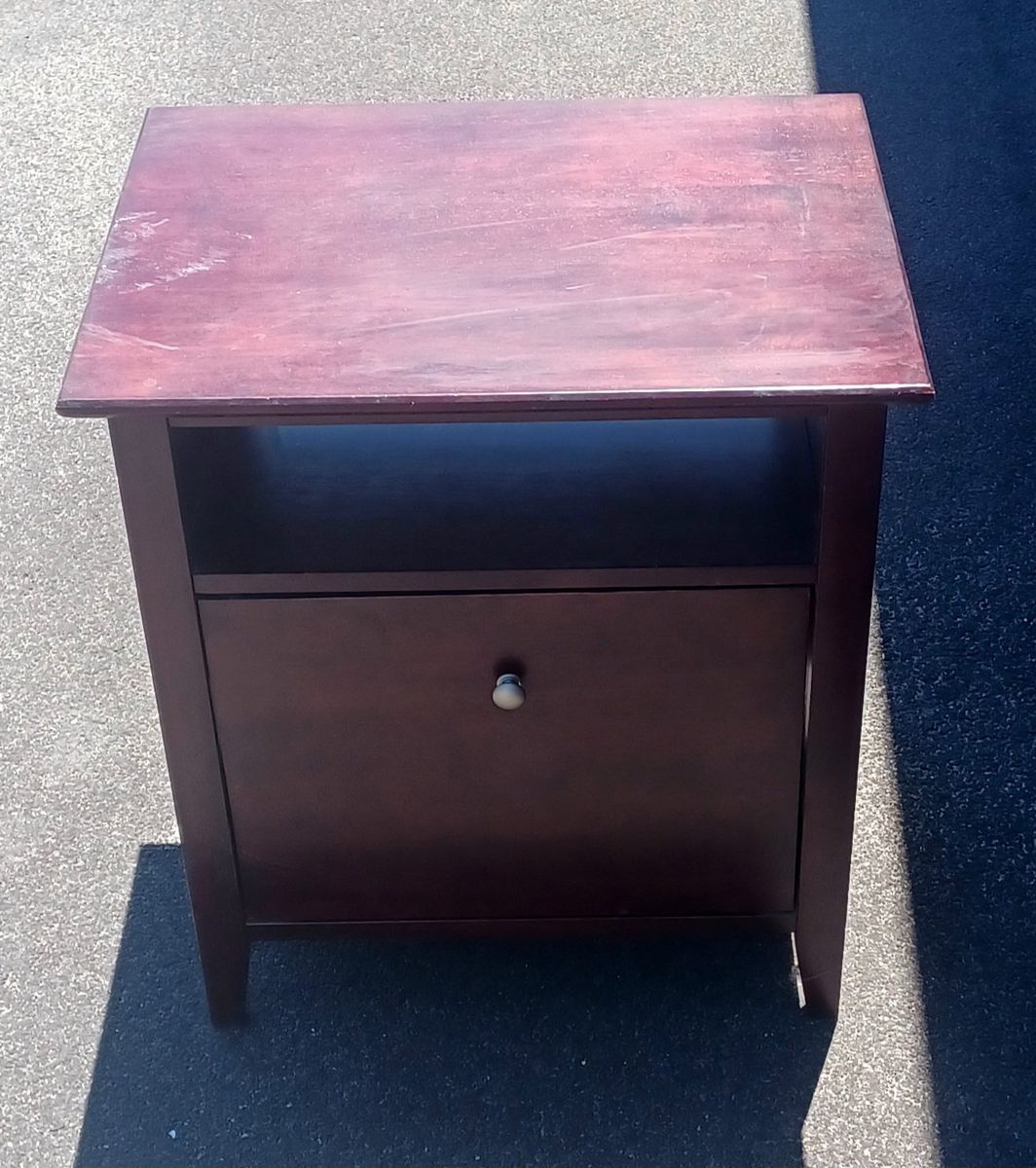 Dark Wood End Table / Nightstand with File Drawer and Open Shelf.