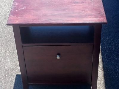 Dark Wood End Table / Nightstand with File Drawer and Open Shelf.