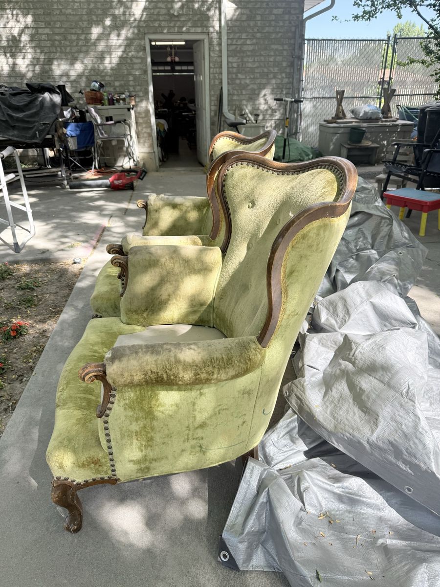 For re-upholstered.     Vintage Chartreuse Green Velvet Tufted Armchairs - Pair with Carved Wood Trim, Nailhead Detail