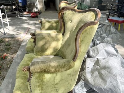 For re-upholstered. Vintage Chartreuse Green Velvet Tufted Armchairs - Pair with Carved Wood Trim, Nailhead Detail