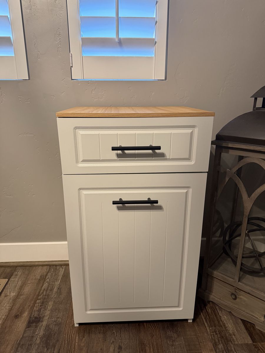 New 13-Gallon Pull-Out Trash Can Cabinet w/ Drawer & Wood Top - Assembled