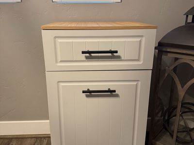 New 13-Gallon Pull-Out Trash Can Cabinet w/ Drawer & Wood Top - Assembled