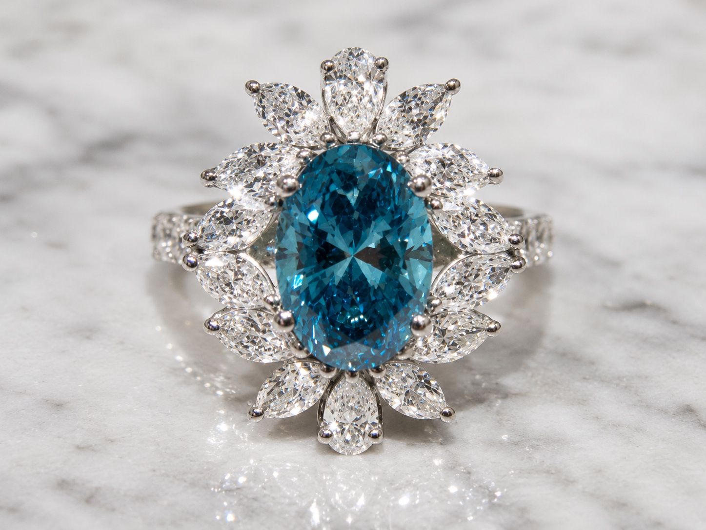 Floral Halo Lab-Grown Blue Diamond Ring in Platinum IGI Certified Vivid Blue
