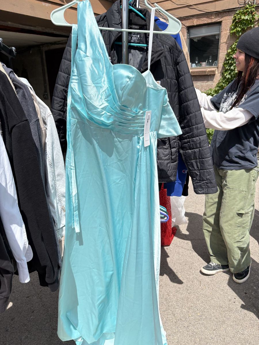 New Aqua Blue Satin One-Shoulder Formal Gown - Size 0